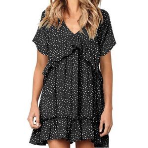 liher Women Summer Dress V Neck Short Sleeve Ruffle Casual Loose Swing Dresses